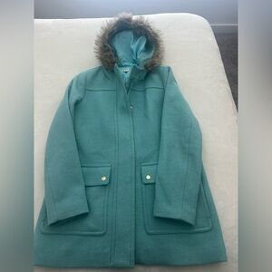 J. Crew Aqua Hooded Wool zcost with Faux Fur Trim